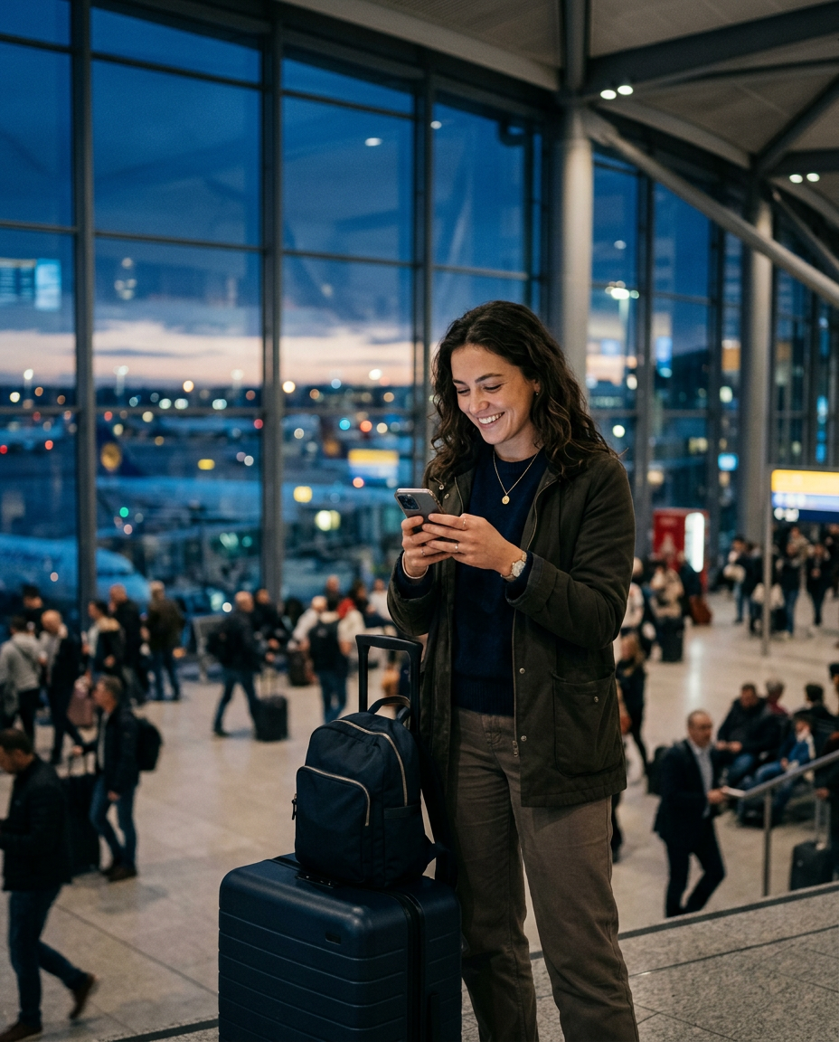 Reisende lächelt bei Abenddämmerung in einem Flughafenterminal auf ihr Handy