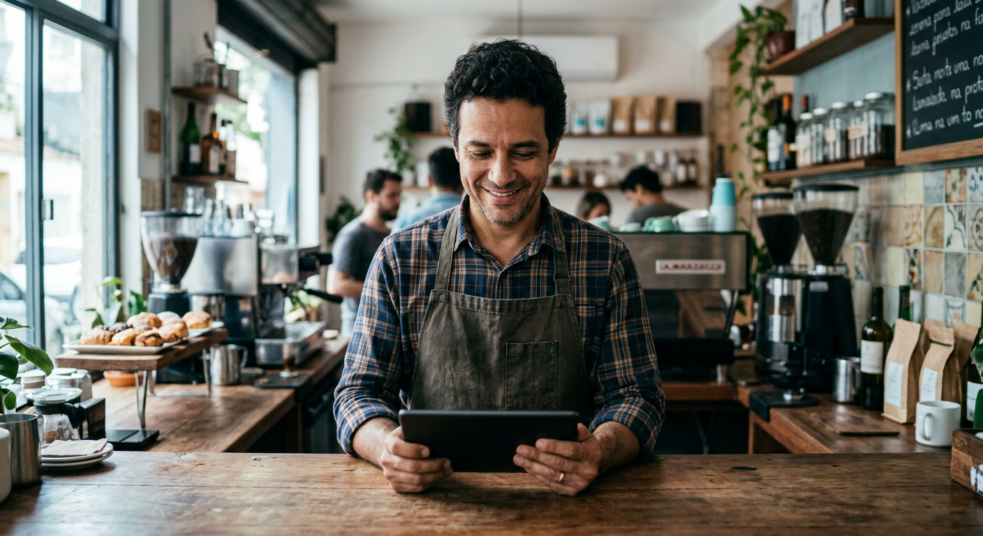 Café-Inhaber schaut hinter der Theke auf ein Tablet